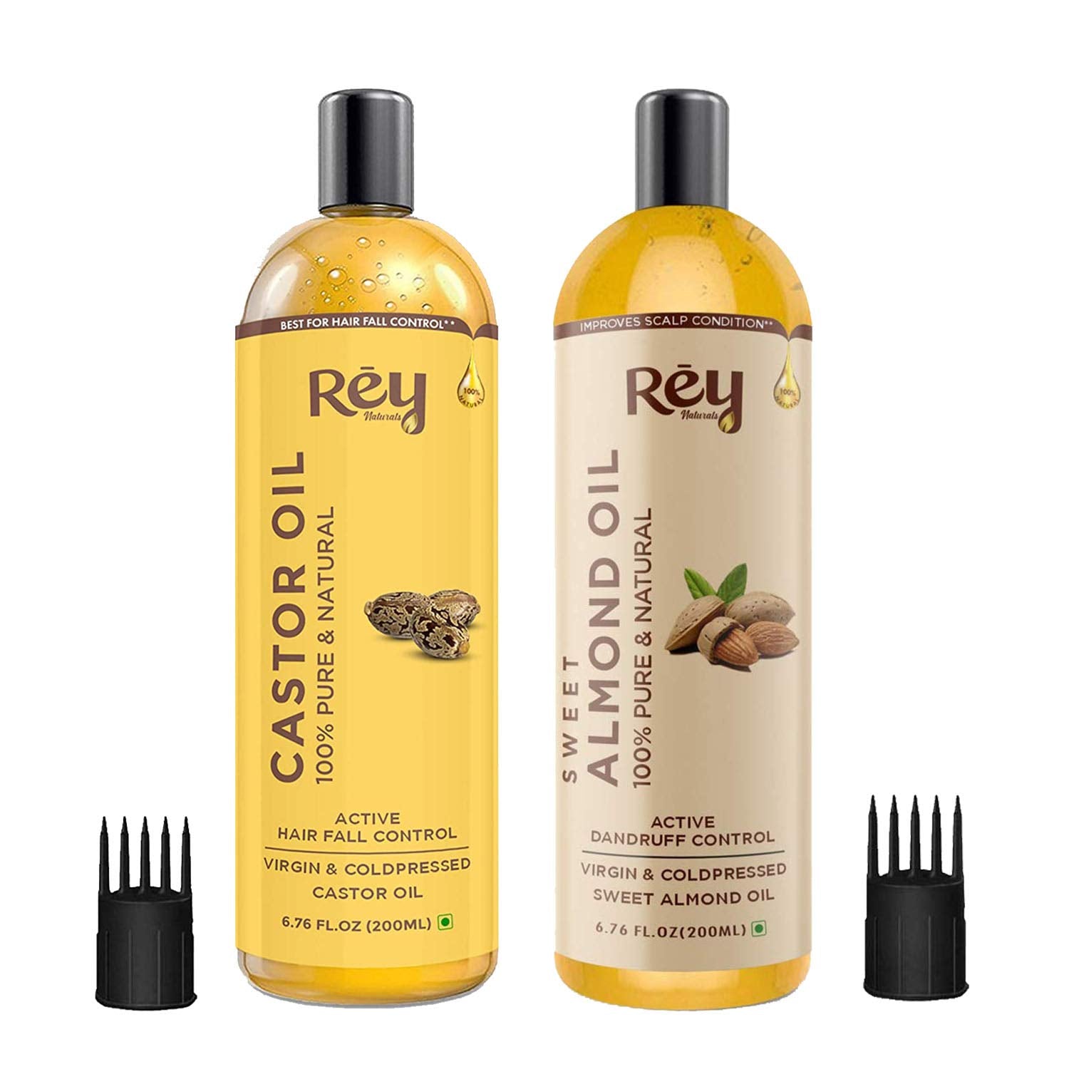 Rey Naturals Cold Pressed Castor Oil & Sweet Almond Oil - for hair & skin - 200ml + 200ml