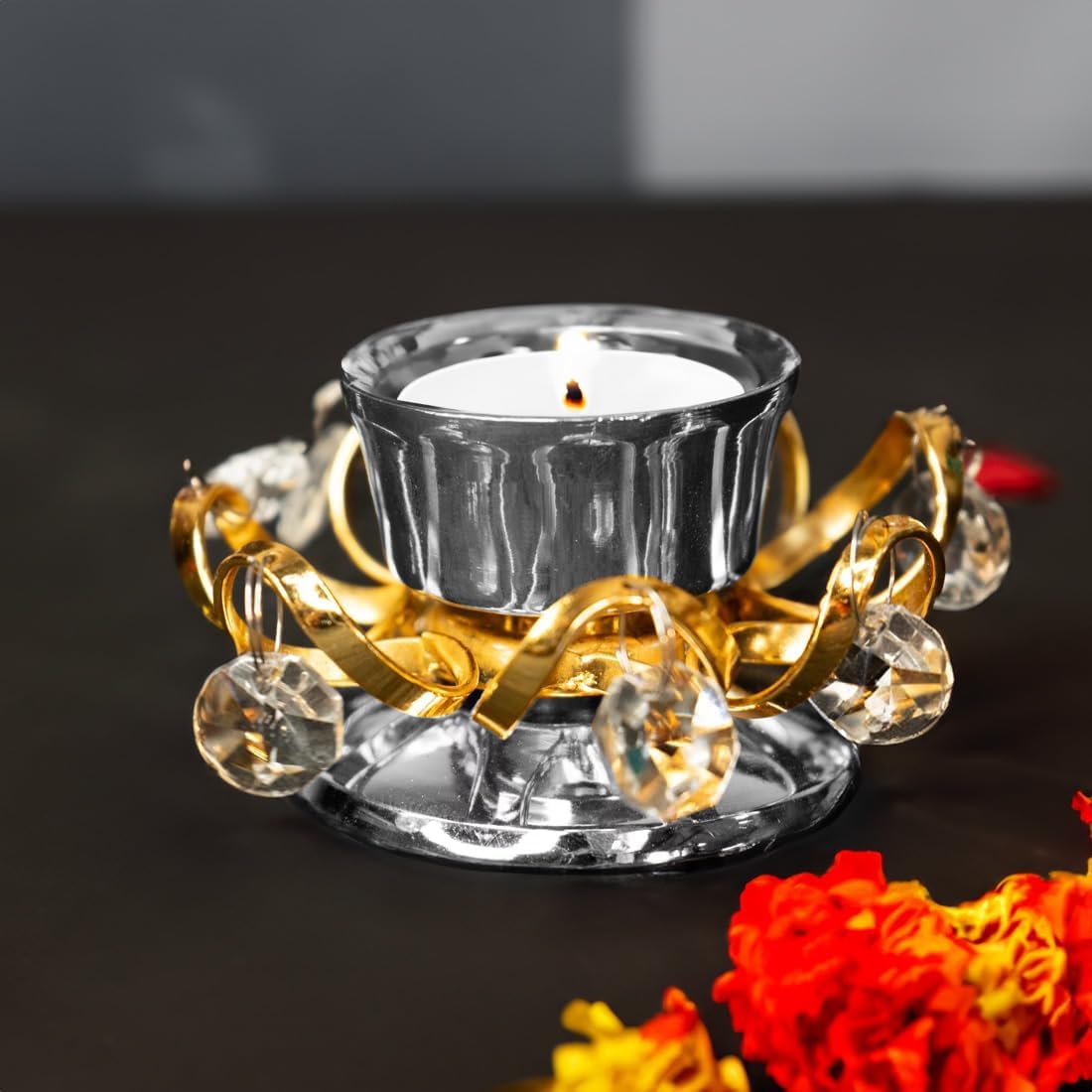 100% Pure Brass Crystal Tealight Candle Holder for Home Decor | Perfect Candle Stand for Diwali Decoration and Pooja Room | Indoor & Outdoor, Festival Decorative Candles Gift Items