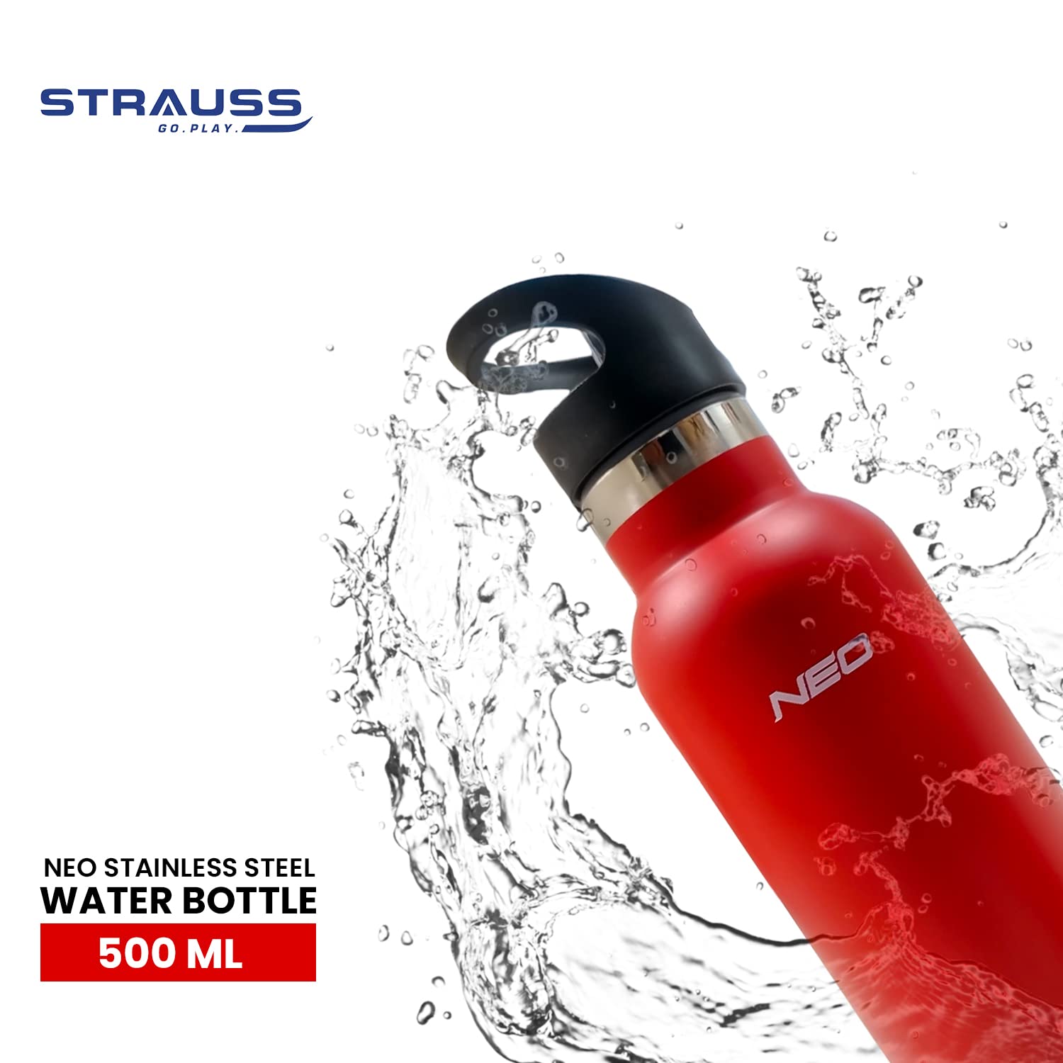 Strauss Neo Stainless Steel Water Bottle | Ideal for Gym, Home, Office, Sports, Kitchen &Travel | Leak Proof & Rust Free, 500 ml (Red)