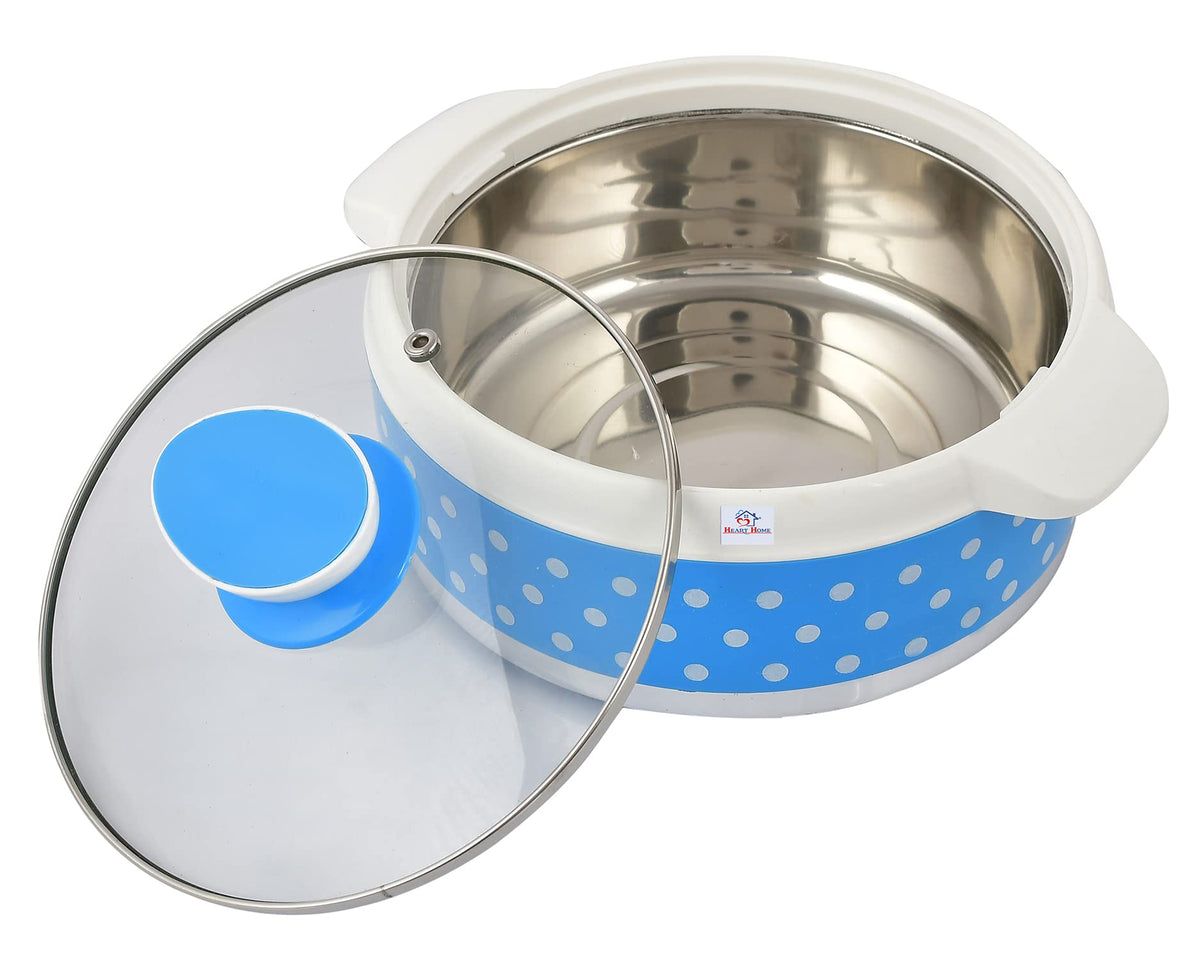 Heart Home Dot Printed BPA Free Food Grade Inner Stainless Steel Casserole Keeps Chapati, Food, Curry with Toughened Glass Lid, 1500ml (Blue)-HS42KUBMART25010