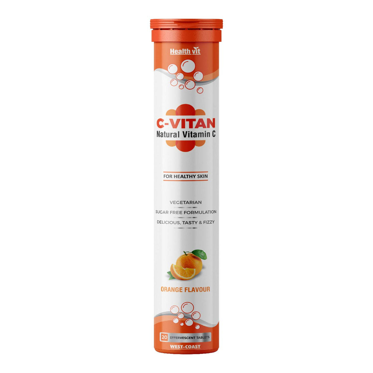 Healthvit C- Vitan N Natural Vitamin C For Antioxidant Support | Improves Immunity And Skin Health | Delicious, Tasty & Fizzy | Sugar Free 20 Effervescent Tablets (Orange Flavor)