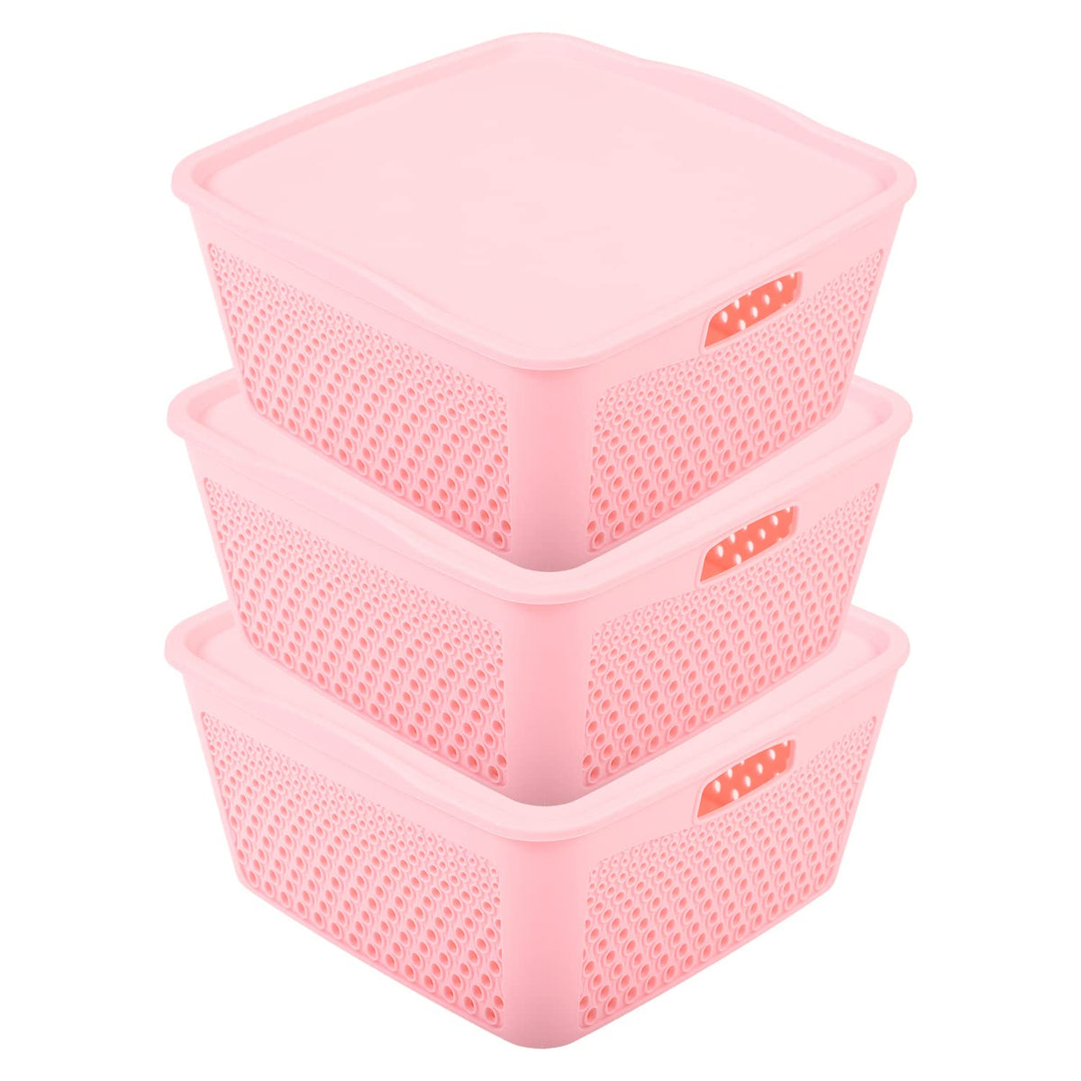 Kuber Industries Netted Design Unbreakable Multipurpose Square Shape Plastic Storage Baskets with lid Large Pack of 3 (Pink)