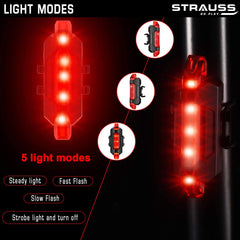 Strauss Bicycle USB Rechargeable LED Tail Light (White) | Waterproof Rear Bike Light with 5 Light Modes | Ultra-Bright Cycling Safety Light | Ideal for Road, Mountain, and Commuter Bikes