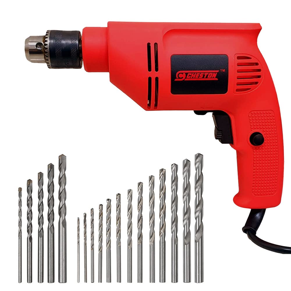 Cheston 10mm Powerful Drill Machine for Wall, Metal, Wood Drilling with 5 pcs Wall bits and 13 HSS bits