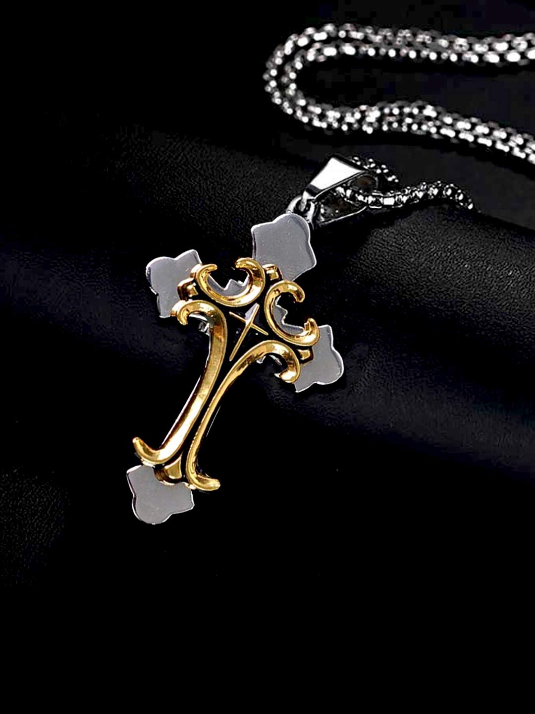 Yellow Chimes Cross Pendant for Men Chain Men Pendant Dual Tone Cross Sign Gold Polished Stainless Steel Chain Pendant for Men and Boys.