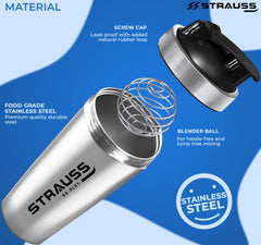 STRAUSS Stainless Steel Water Bottle for Pre-Post Workout | Protein Shaker Bottle With Blending Wheel | Leakproof with Knob (900ml | Silver | Set of 1)