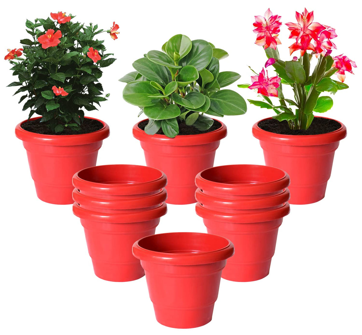 Kuber Industries Solid 2 Layered Plastic Flower Pot|Gamla for Home Decor,Nursery,Balcony,Garden,6"x5",Pack of 10 (Red)