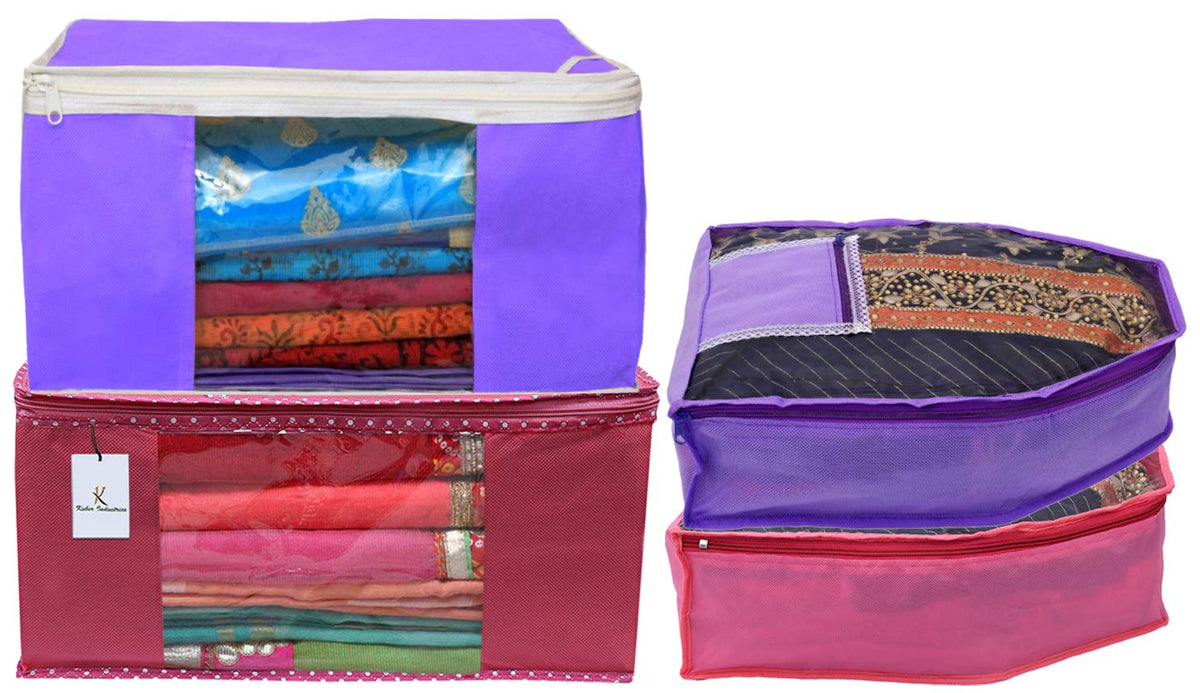 Kuber Industries Non Woven 2 Pieces Saree Cover/Cloth Wardrobe Organizer and 2 Pieces Blouse Cover Combo Set (Pink & Purple)