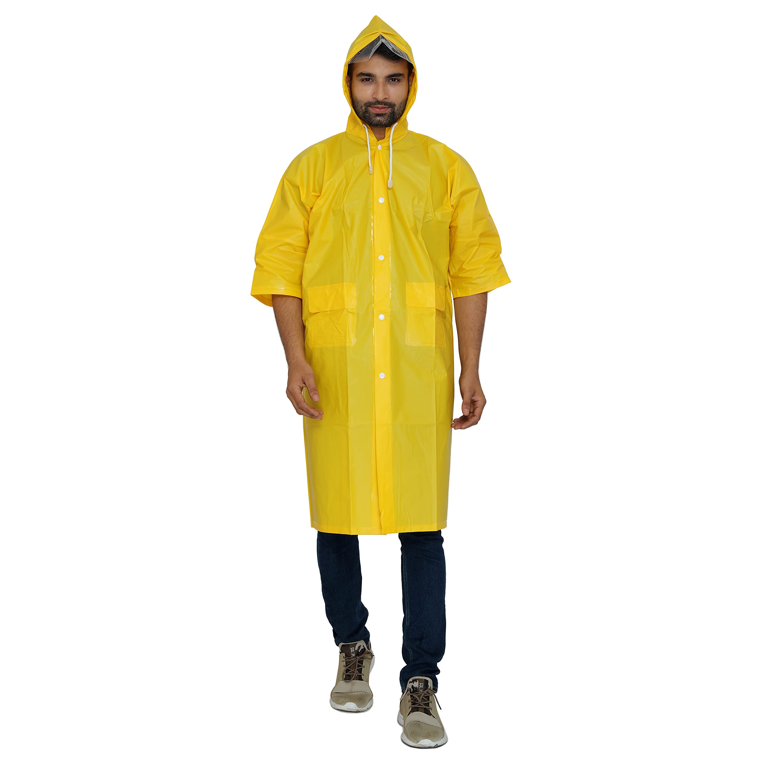THE CLOWNFISH Raincoat for Men and Women Waterproof PVC Material Longcoat with Adjustable Hood (Yellow, Free Size)