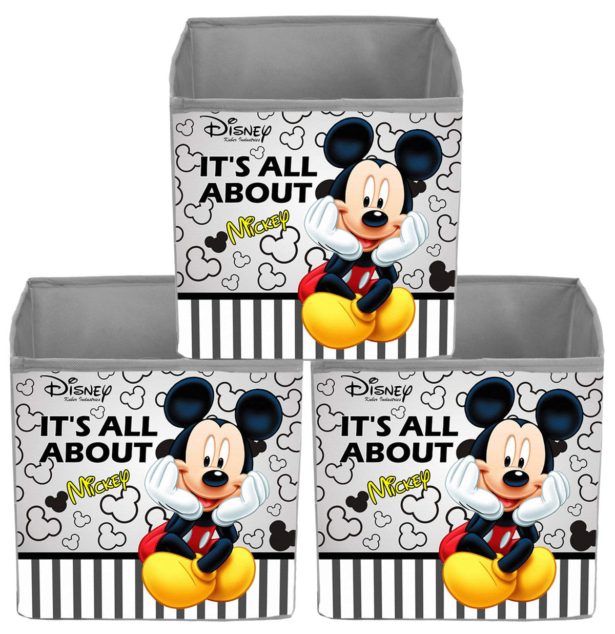 Kuber Industries Disney Mickey Print Non Woven Fabric Foldable Storage Cube Storage Box with Handle (Extra Large, Grey, KUBMART16132), 3 Pieces