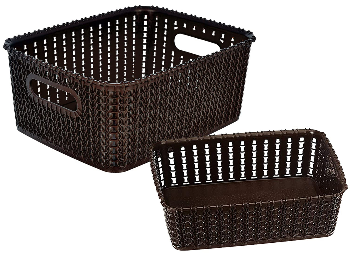 Kuber Industries Multipurposes Large & Small Size M 20-15 Plastic Basket, Organizer For Kitchen, Countertops, Cabinets, Bathroom Without Lids- Set of 2 (Brown) -46KM0134