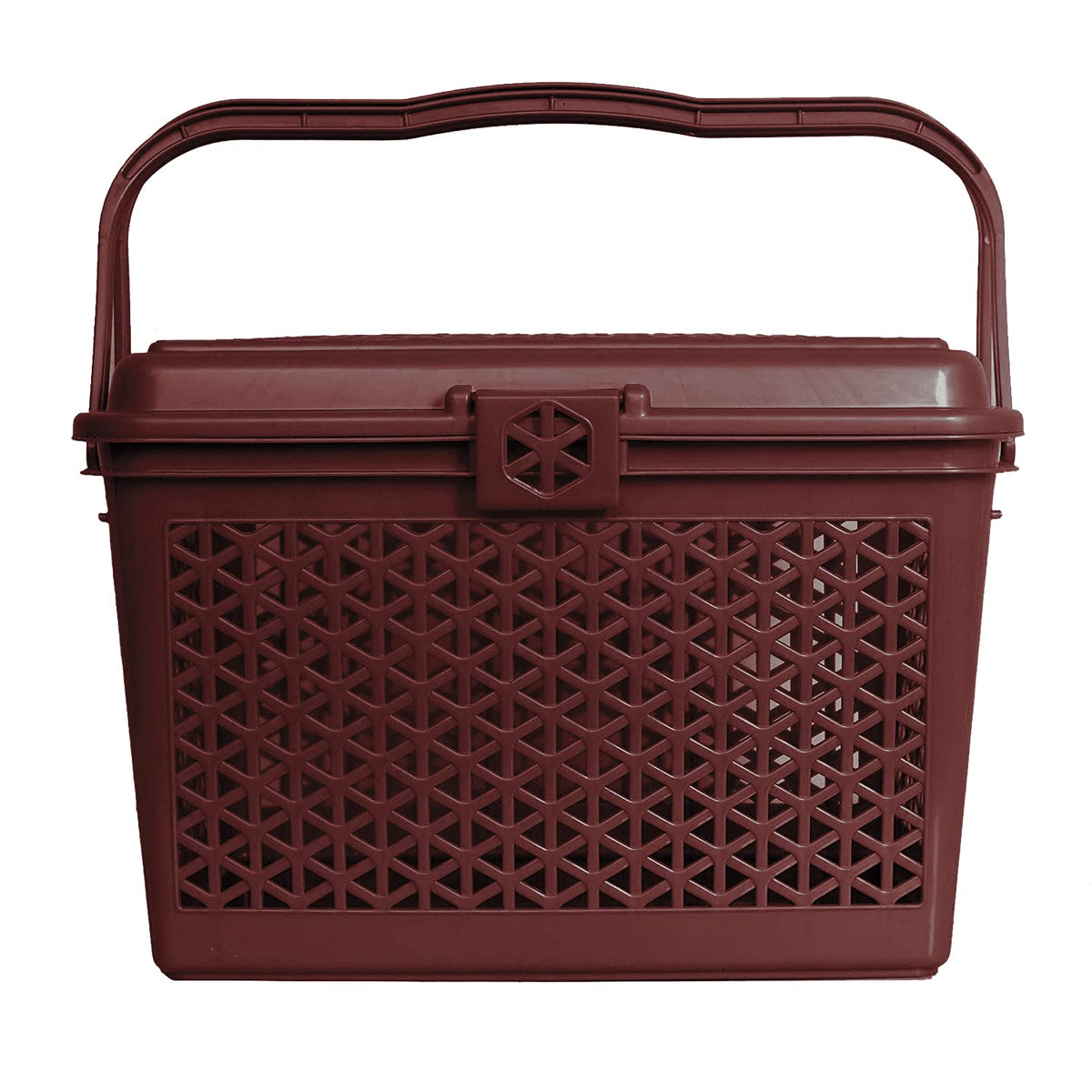 Kuber Industries Trendy Shopping/Storage Basket with Handles|Solid Plastic Big Bin|Handles Plus Lid|Size 30 x 41 x 28 (Brown)-KUBMART11096