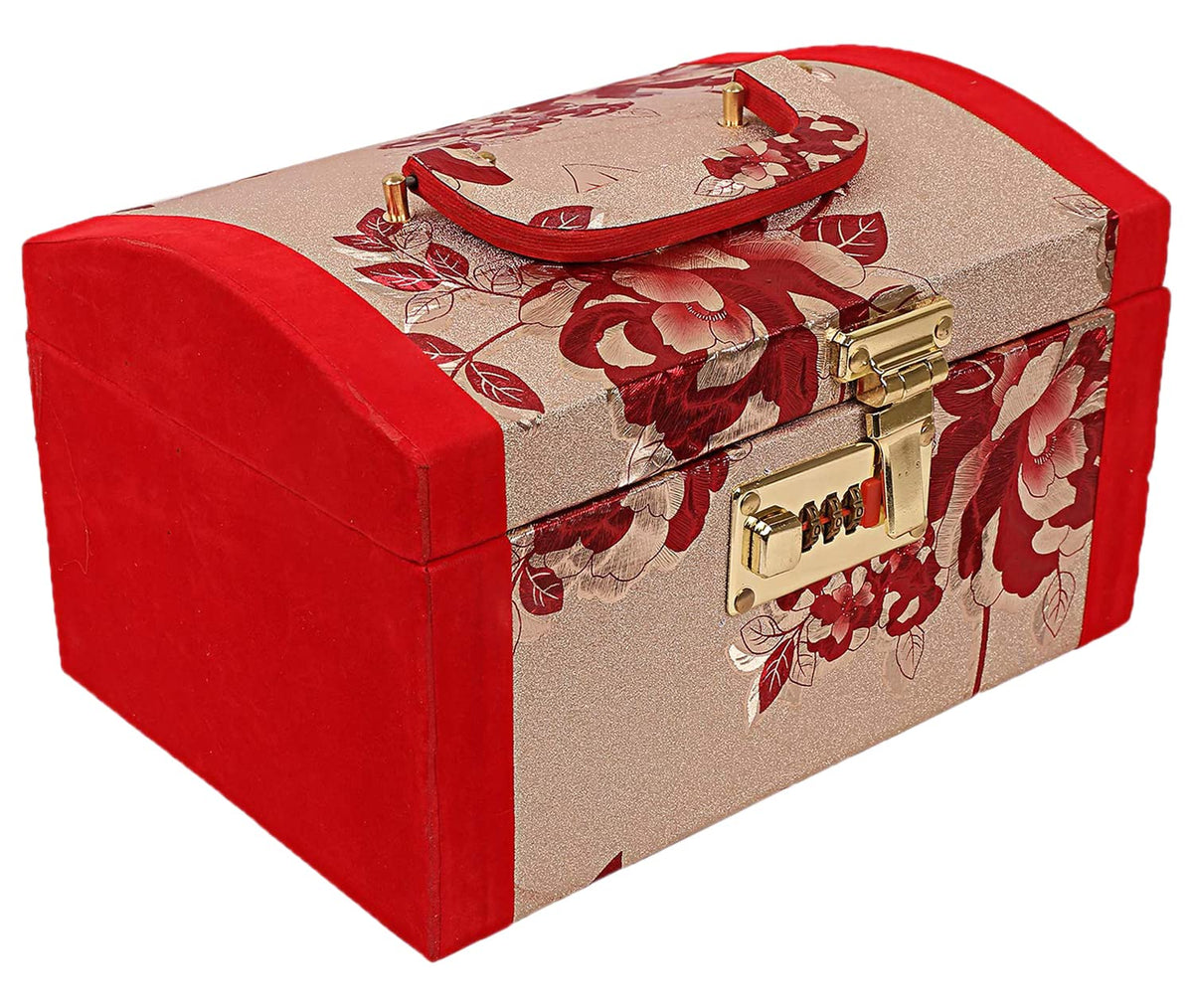 Heart Home Flower Printed Wooden Jewellery Box/Organizer For Storing Makeup, Jewellery, Bangles, Cosmetics & Toiletries Items With 1 Bangle Rod, Mirror & Number Lock System (Red)-47HH0533