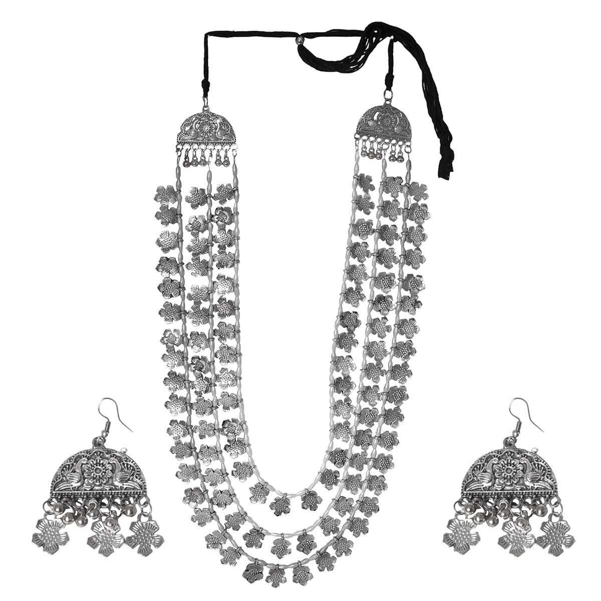 TEEJH Faiza Silver Oxidised Floral Long Necklace Set For Women