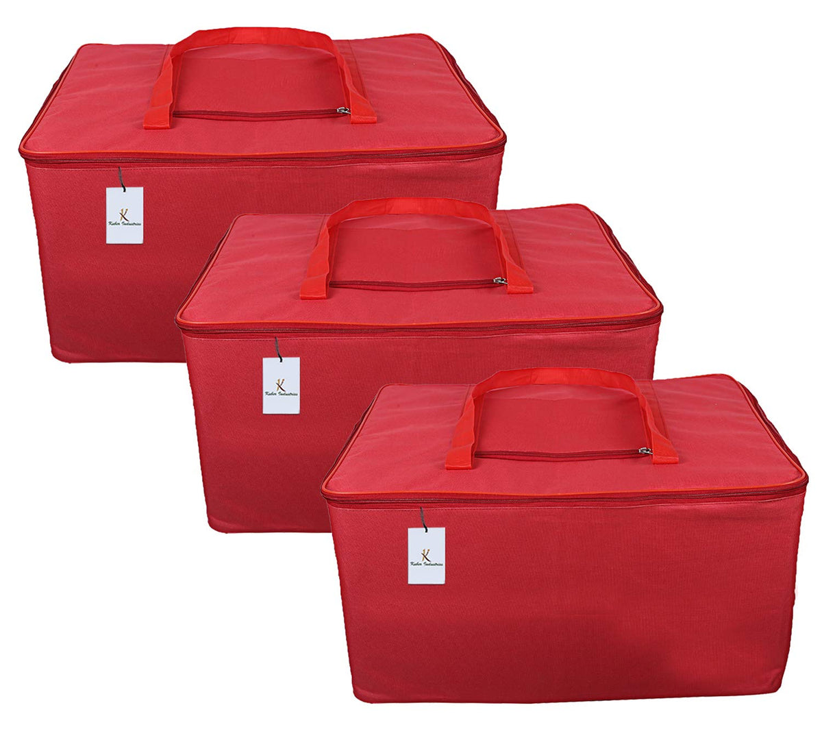 Kuber Industries Rexine 3 Pcs Jumbo Underbed Moisture Proof Storage Bag with Zipper Closure and Handle (Red) -CTKTC6324