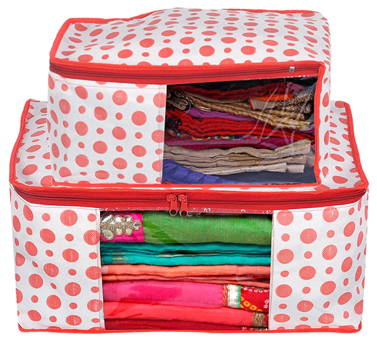 Kuber Industries Dot Printed Foldable, Lightweight Non-Woven Blouse & Saree Cover/Organizer Set With Tranasparent Window- Pack of 2 (Pink)-46KM0471