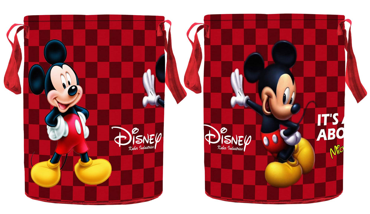 Kuber Industries Disney Mickey Print Round Non Woven Fabric Foldable Laundry Basket, Toy Storage Basket, Cloth Storage Basket with Handles,45 LTR (Set of 2, Maroon)-KUBMART11637