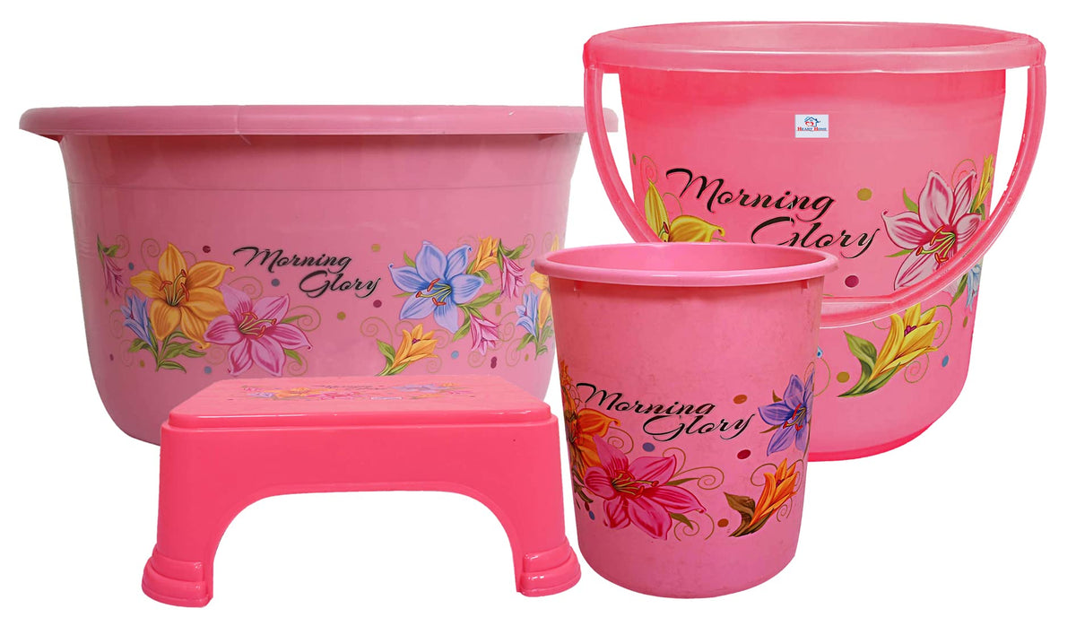 Heart Home Printed 4 Pieces Unbreakable Virgin Plastic Multipurpose Bucket, Stool, Dustbin & Tub Set (Pink)