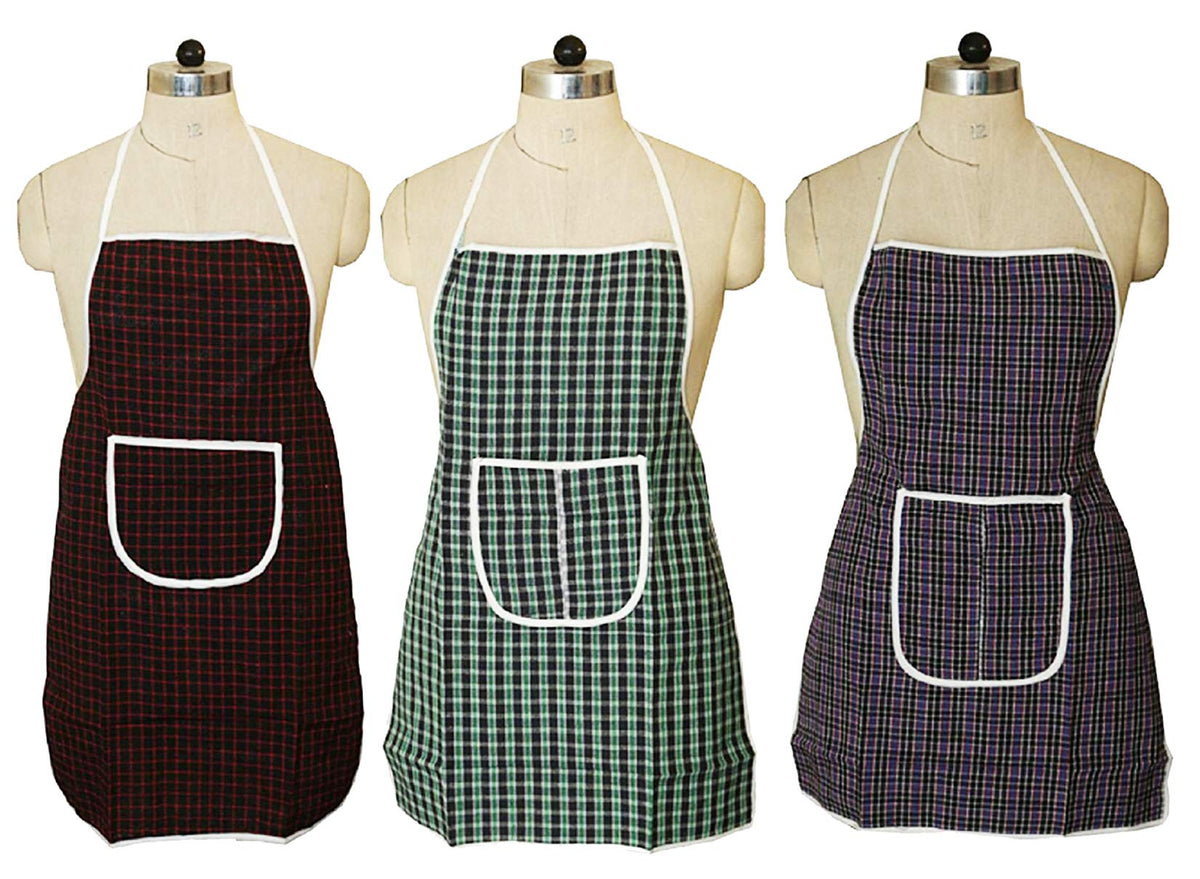 Kuber Industries Apron with Front Pocket|Checkered Design & Premium Cotton|Adjustable Neck strap & Waist Belt|Unisex Size Standard, Pack of 3 (Multi)-CTKTC32669