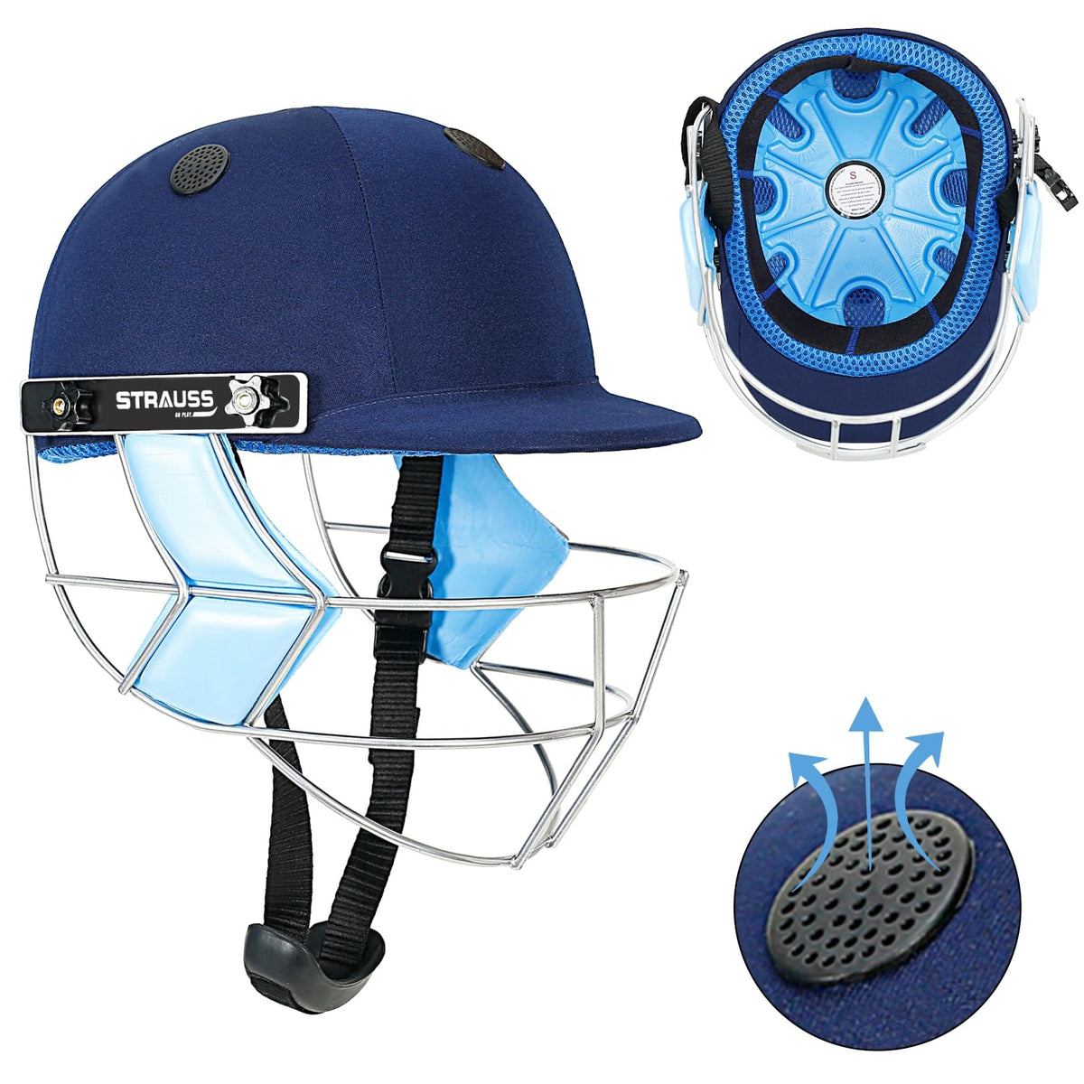 Strauss Cricket Helmet | Steel Grill | Edition: Step One | Size: Medium | Age: 15+yrs | Color: Blue | for Men, Women | Lightweight | Advance Protection | Leather Ball Cricket Helmet