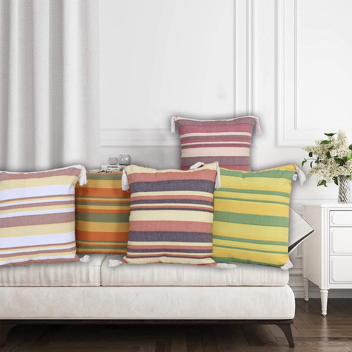 Heart Home Cushion Cover|Sofa Cushion Covers|Strips Print with Cornor Tassels Sitting Cushion Cover|Polyester Cushion Filler|16x16 Inch|Set of 5 (Multicolor)