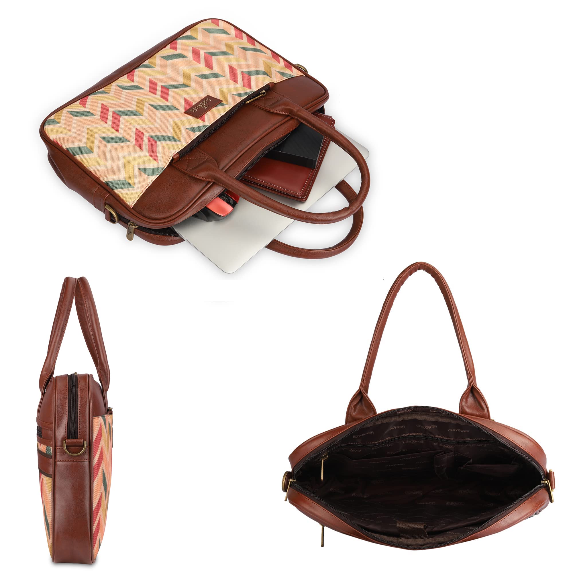 The Clownfish Deborah Series 15.6 inch Laptop Bag for Women Printed Handicraft Fabric & Faux Leather Office Bag Briefcase Messenger Sling Handbag Business Bag (Cream)