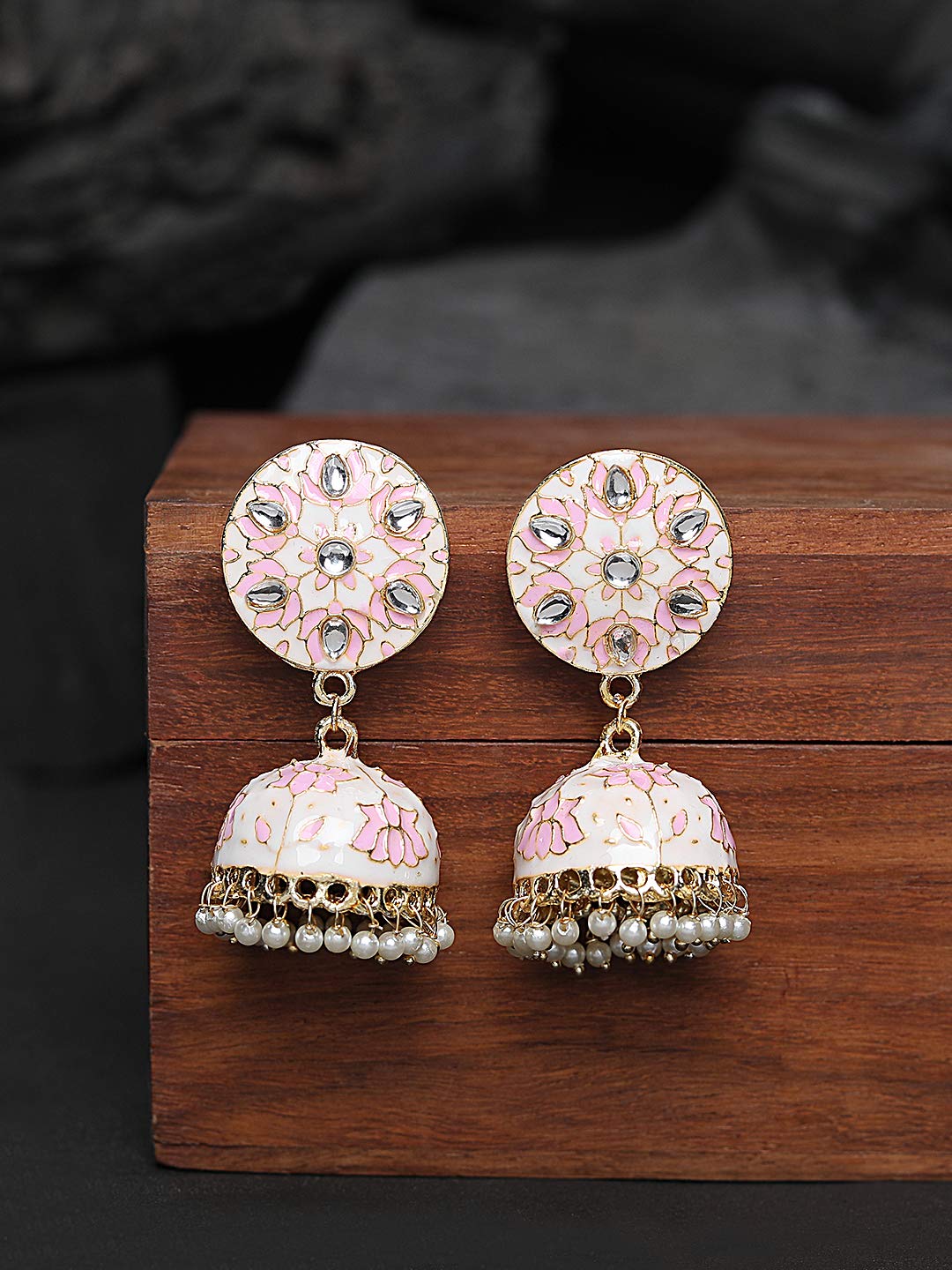 Yellow Chimes Jhumka Earrings for Women Traditional Gold Plated Pink Flower Meenakari Kundan Jhumki/Jhumka Earrings for Women and Girls