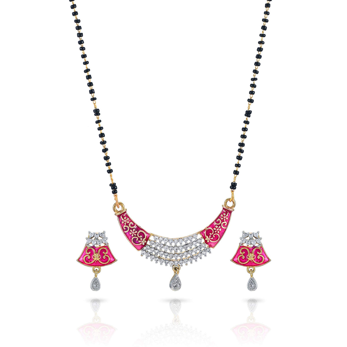 Yellow Chimes Sparkling AD/American Diamond Studded Ethnic Traditional Black Beads Meenakari Touch Designer Mangalsutra Pendant Set with Earrings for Women