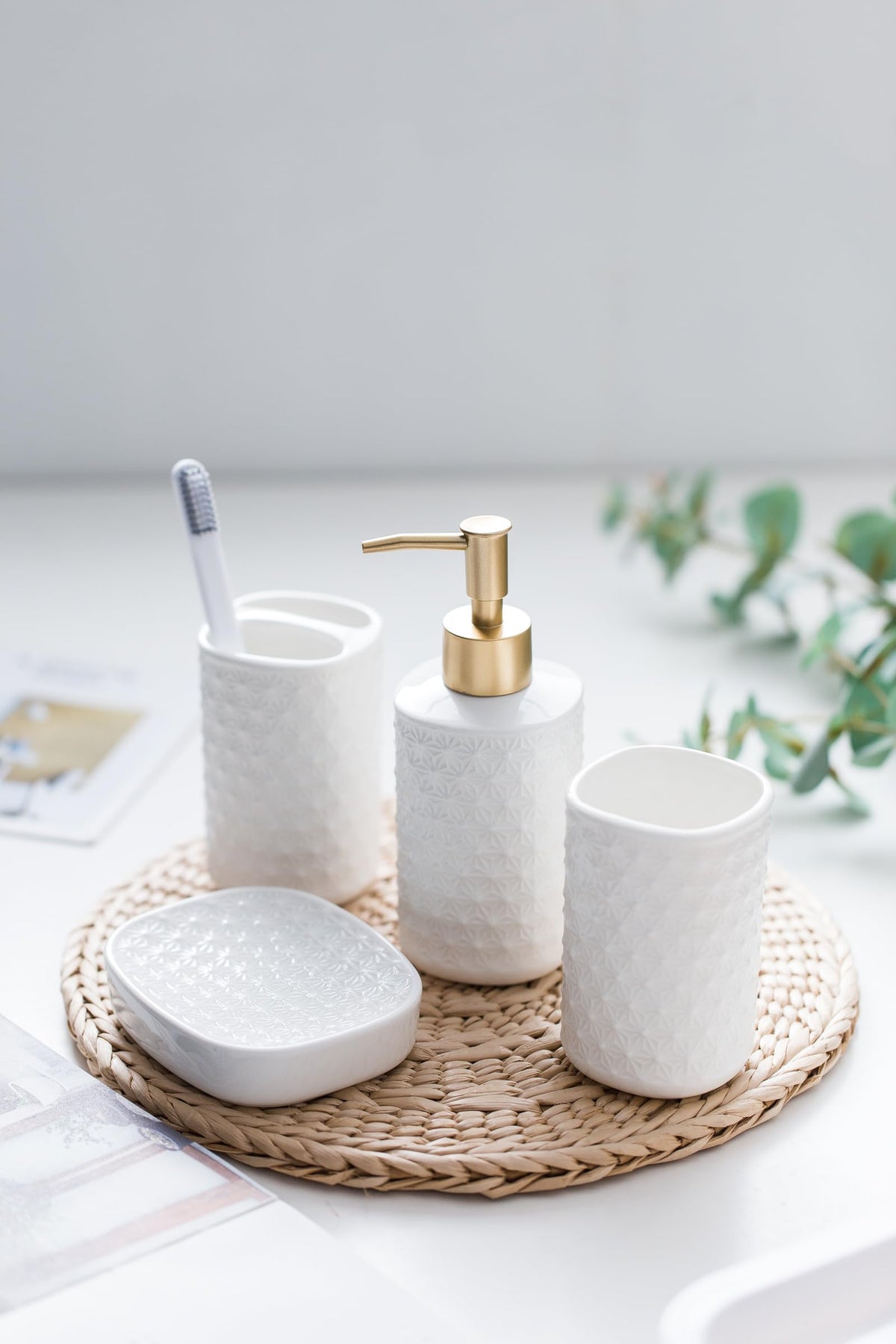 UMAI 4 Pcs Ceramic Bathroom Accessories Set - Tooth Brush Holder, Water Cup (300ml), Soap Dispenser (330ml), Soap Holder Dish for Bathroom (White)