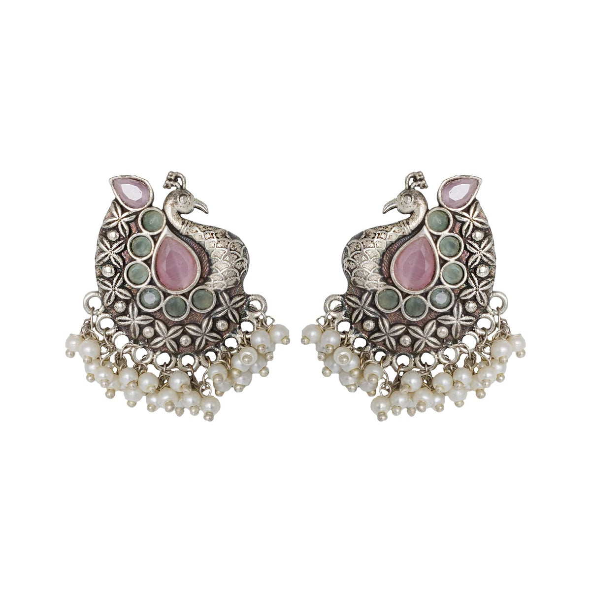 Teejh Nirali Pink & White Silver Oxidised Earrings