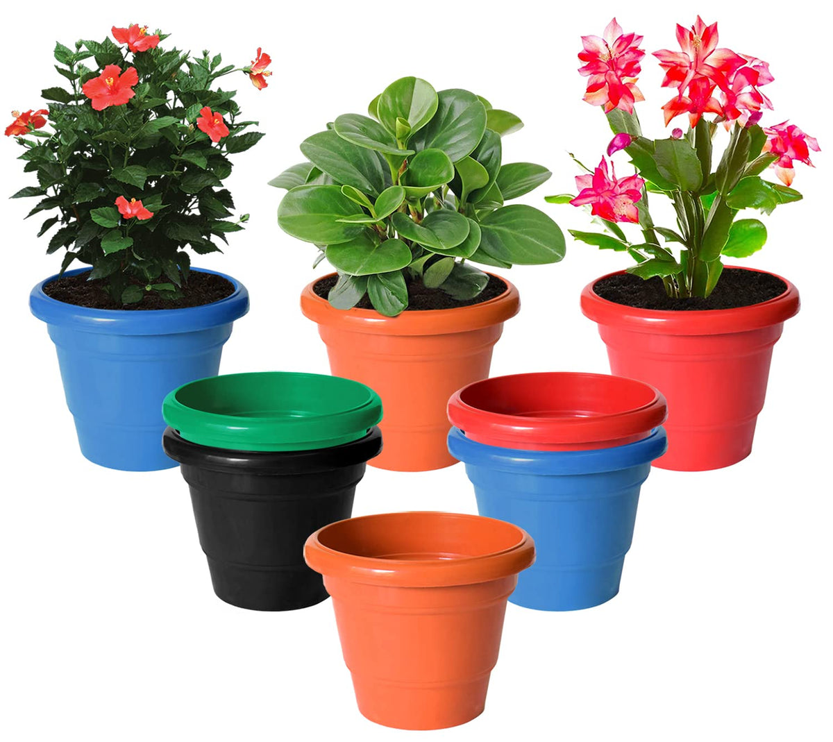 Kuber Industries Solid 2 Layered Plastic Flower Pot|Gamla|Flower Pots for Garden Nursery,Home Décor,8"x 6",Pack of 8 (Multicolor)