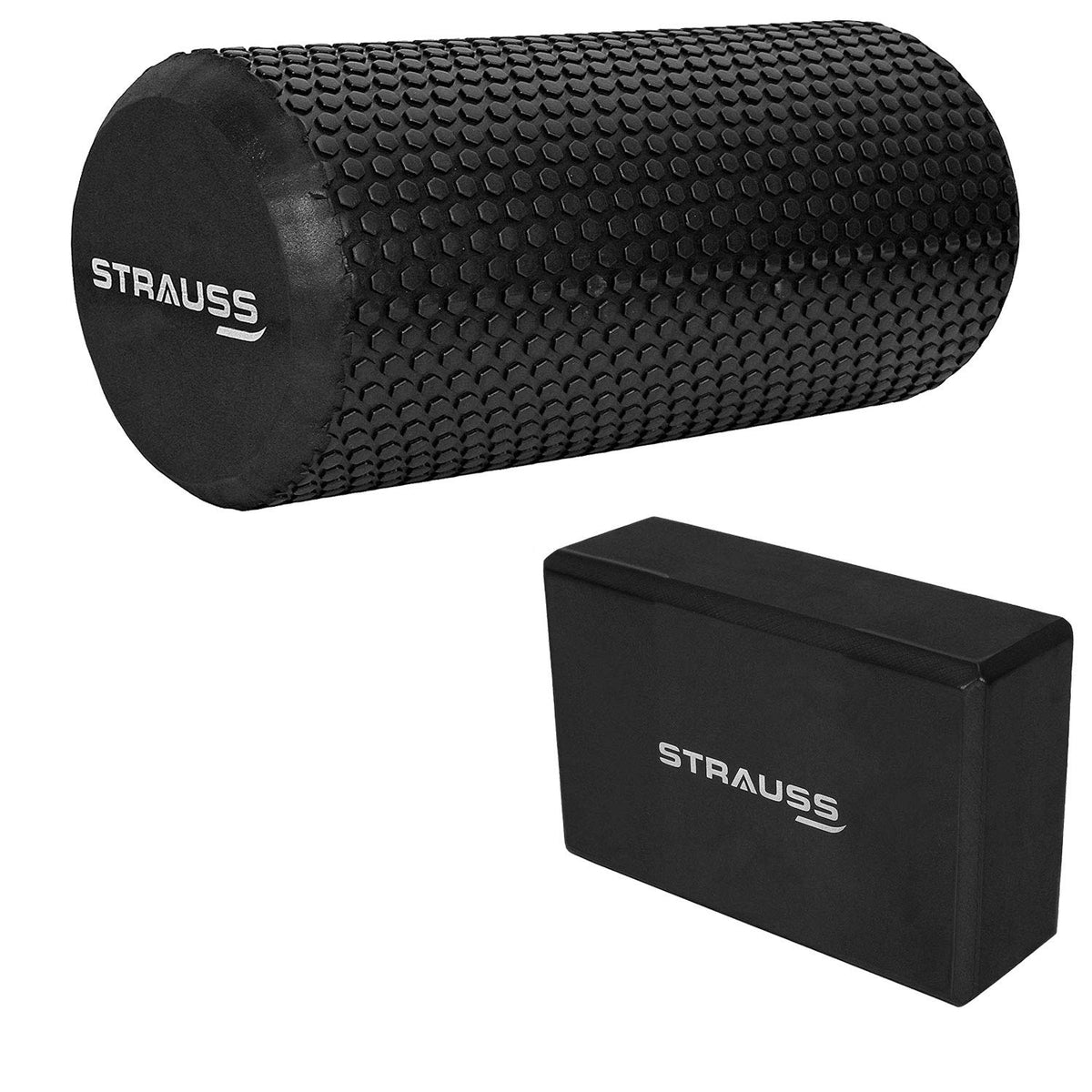 Strauss Foam Roller (Black), 30 cm and Yoga Block (Black)