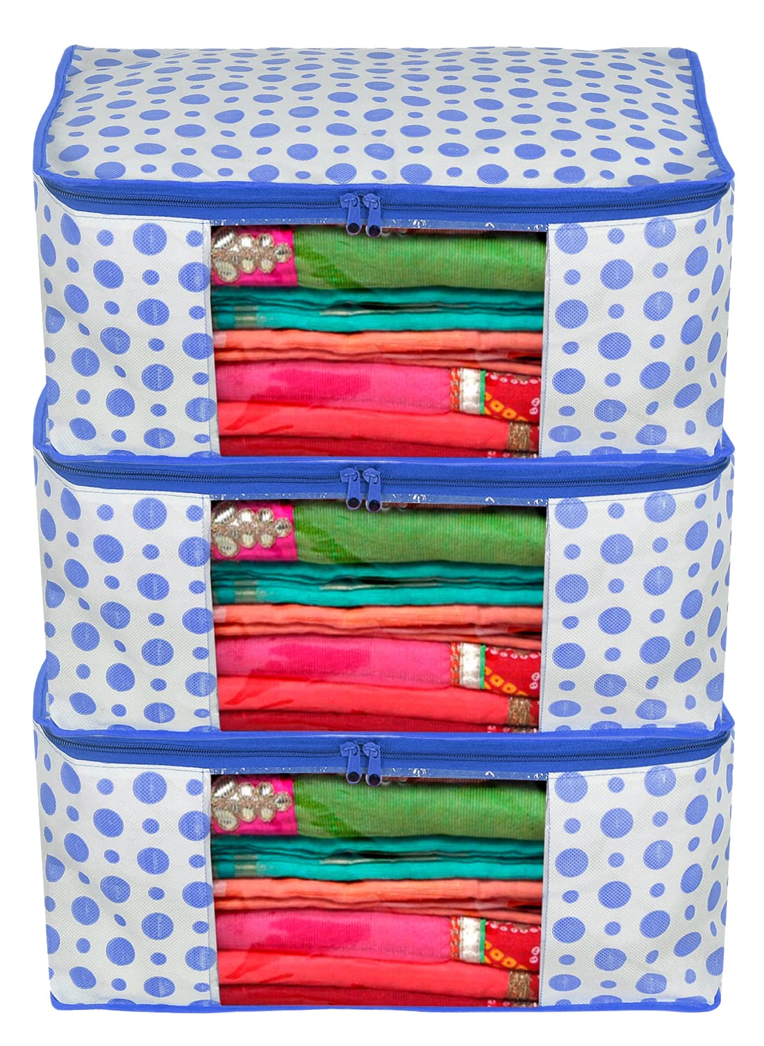 Kuber Industries Dot Printed Non-Woven Saree Cover, Cloth Organizer, Wardrobe Organiser With Tranasparent Window- Pack of 3 (Blue)-46KM0494