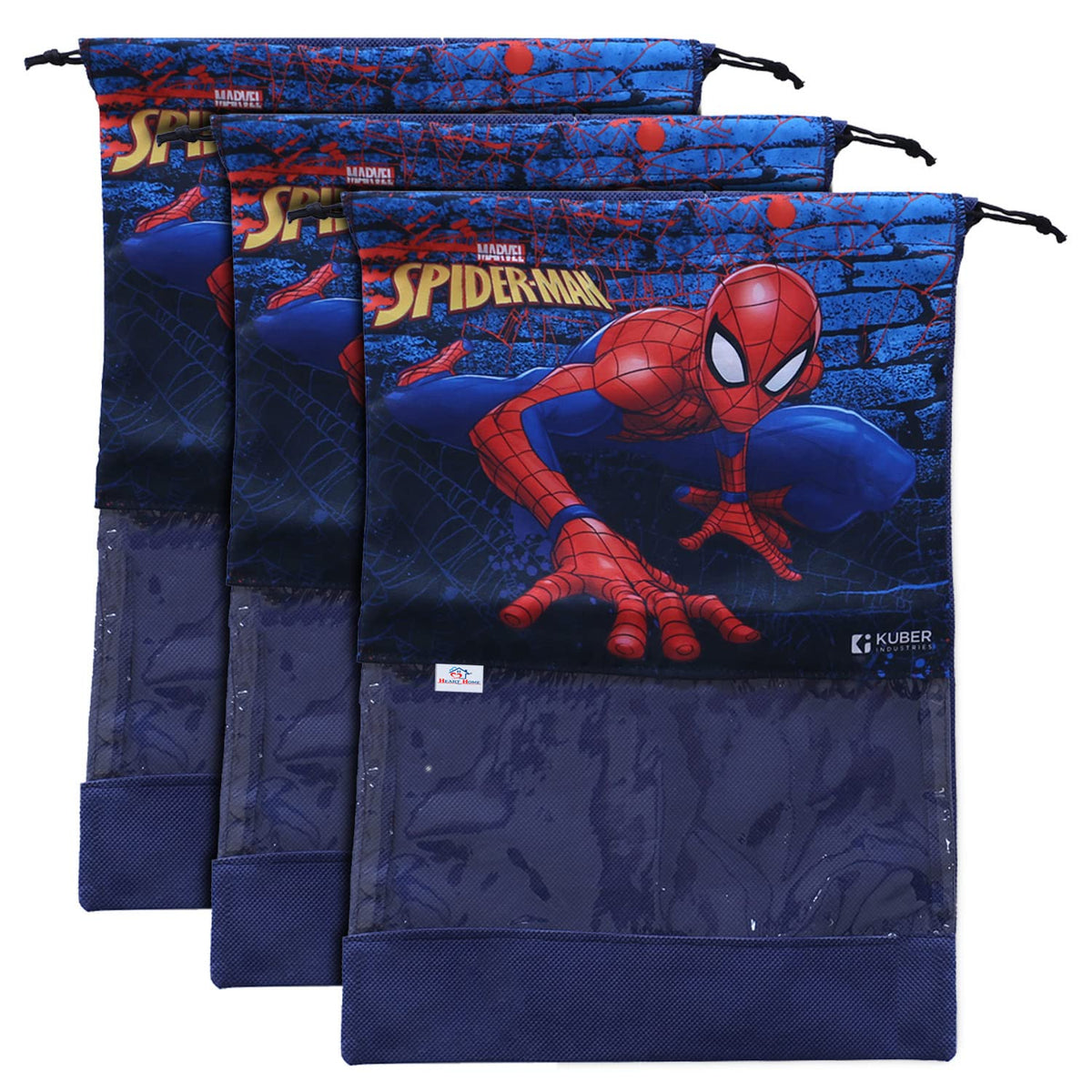 Heart Home Marvel Spider Man Print Shoe Cover| Non-Woven Dust Proof Shoe Bag|Drawstring Sneakers Organizer & Transparent Front,Pack of 3 (Navy Blue)