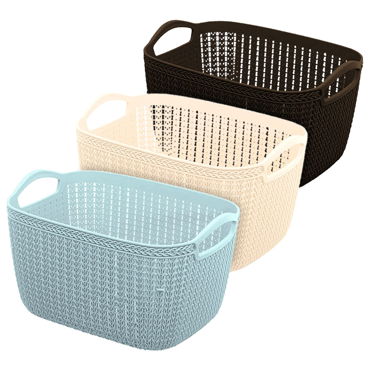 Heart Home Q-6 Designer Plastic Storage Basket For Store Fruits, Vegetables, Magazines, Cosmetics, Stationary Pack of 3 (Brown & Beach & Blue)-50HH01708