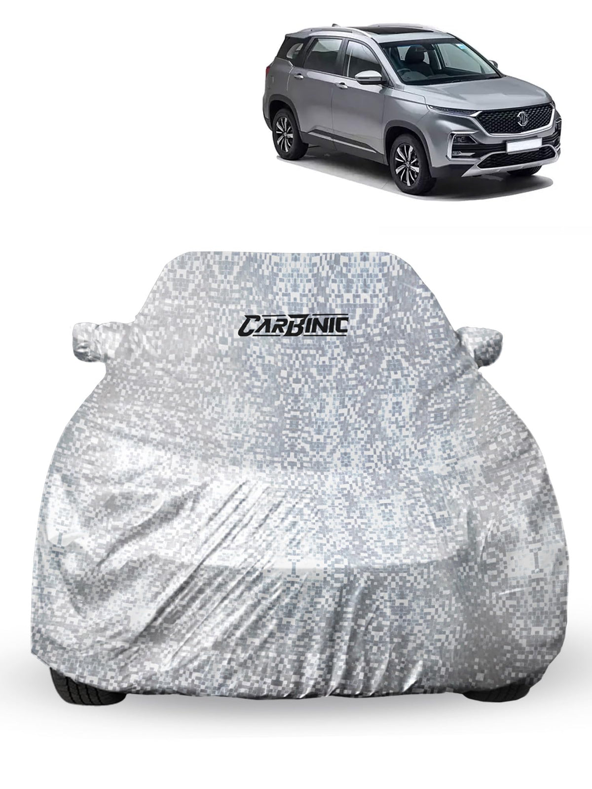 CARBINIC Car Cover for MG Hector2022 Waterproof (Tested) and Dustproof Custom Fit UV Heat Resistant Outdoor Protection with Triple Stitched Fully Elastic Surface | Silver with Pockets