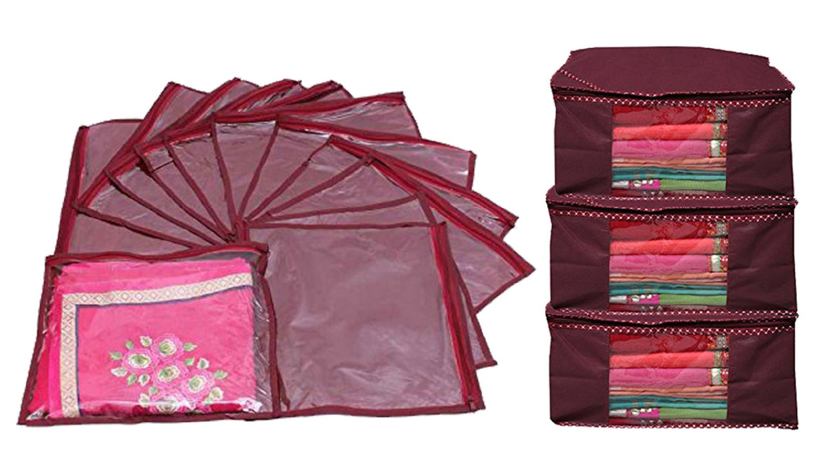 Kuber Industries Saree Cover Combo 3 Pcs Set and Single Packing Saree Cover 12 Pcs Set (Maroon) Code-SCC20