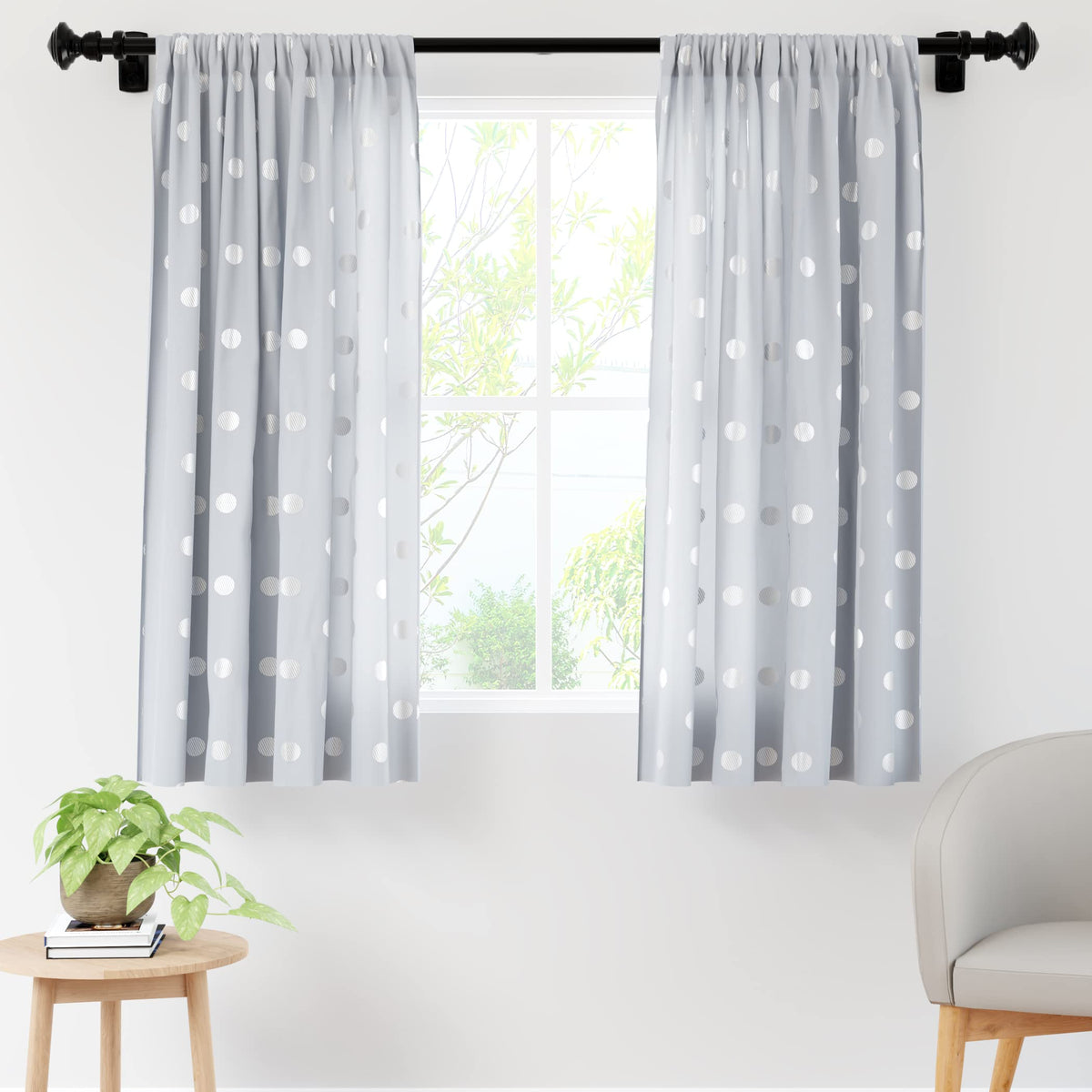 Encasa Homes Polyester Printed Window Curtain for 5 ft with Tie Back, Rod Pocket, Light-Filtering, Curtains for Kitchen, Bedroom, Living Room (140x152 cm), Dollar Grey, Set of 2
