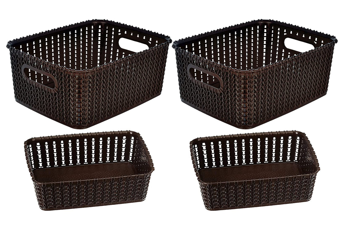 Heart Home Multipurposes Large & Small Size M 20-15 Plastic Basket, Organizer For Kitchen, Countertops, Cabinets, Bathroom Without Lids- Pack of 4 (Brown) -46HH0136