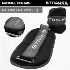 Strauss Round Shape Adjustable Ankle Weight/Wrist Weights 0.5 KG X 2 | Ideal for Walking, Running, Jogging, Cycling, Gym, Workout & Strength Training | Easy to Use on Ankle, Wrist, Leg, (Black)