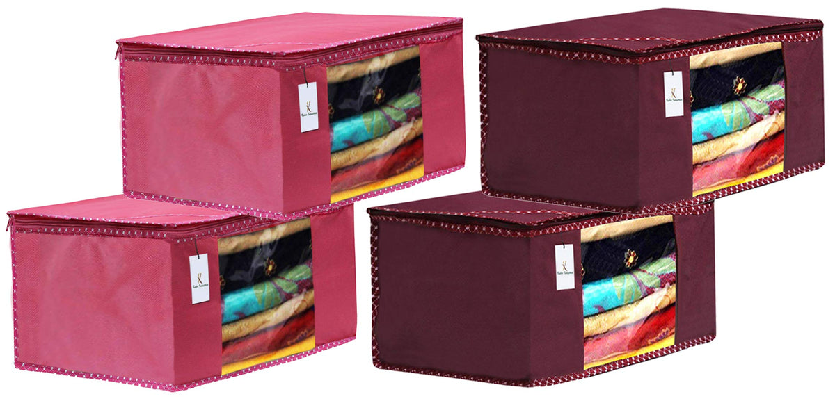 Heart Home 4 Piece Non Woven Fabric Saree Cover Set with Transparent Window, Extra Large, Maroon & Pink- CTHH16179