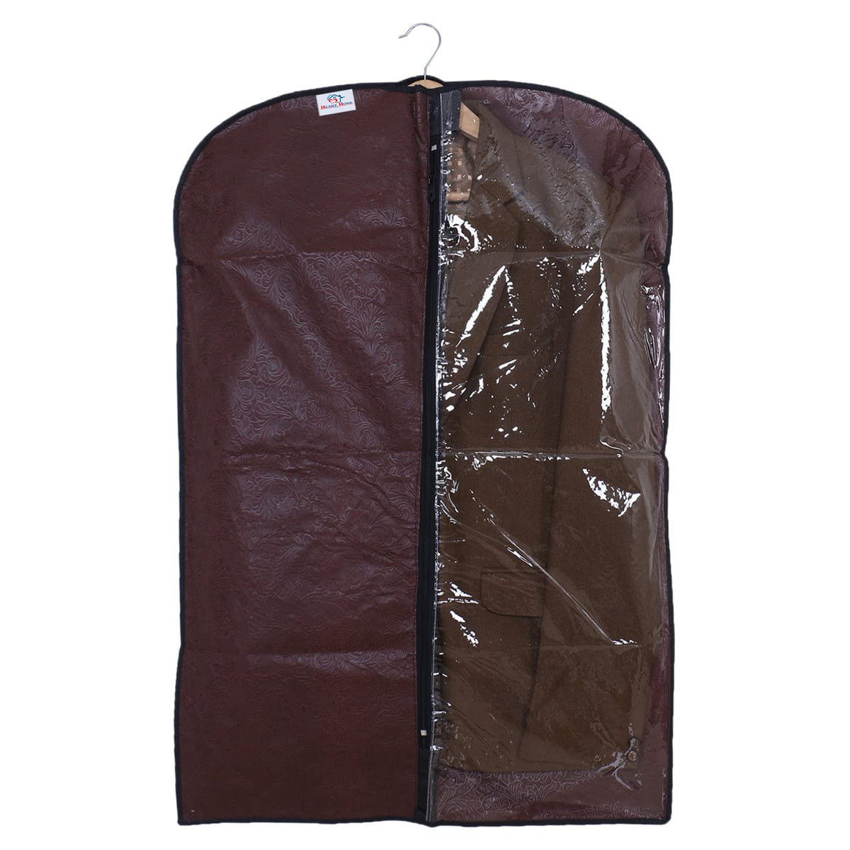 Heart Home Embossed Coat Cover|Non Woven Foldable Hanging Blazer Cover|Half Transparent Wardrobe Organizer (Brown)