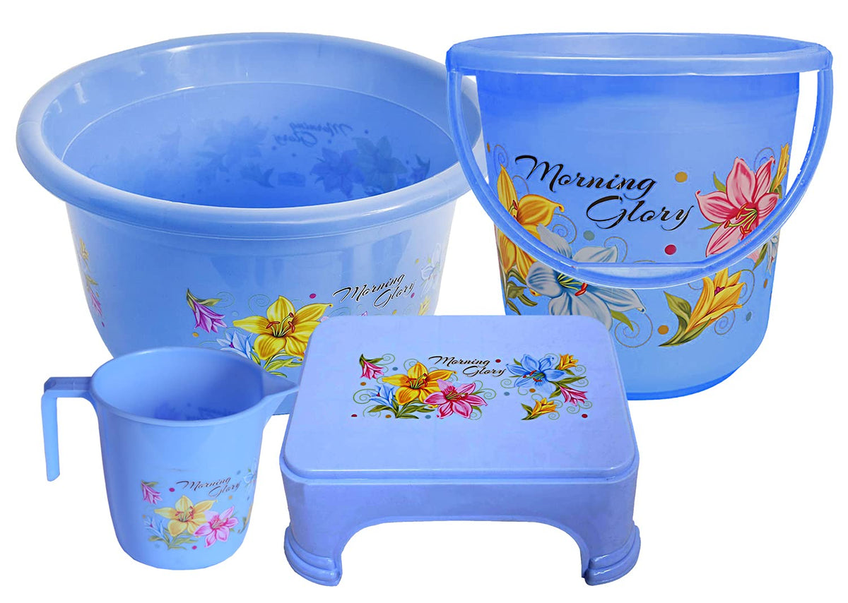 Kuber Industries Printed 4 Pieces Plastic Bucket, Stool, Mug & Tub Set (Blue)