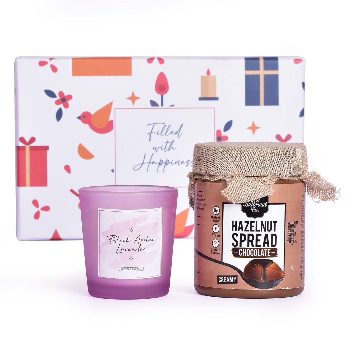 Gleevers Indulgent Delights Gift Set for Housewarming & Diwali|Gift Box of 2 with Hazelnut Spread(200 gm) & Candle (Black Amber Lavender,60 gm)| Gift for Housewarming, Diwali Gift