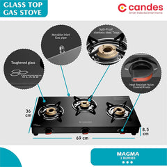 Candes Magma Glass Top Gas Stove, Manual Ignition, Black (ISI Certified, With 18 Months Warranty - 3 Burner