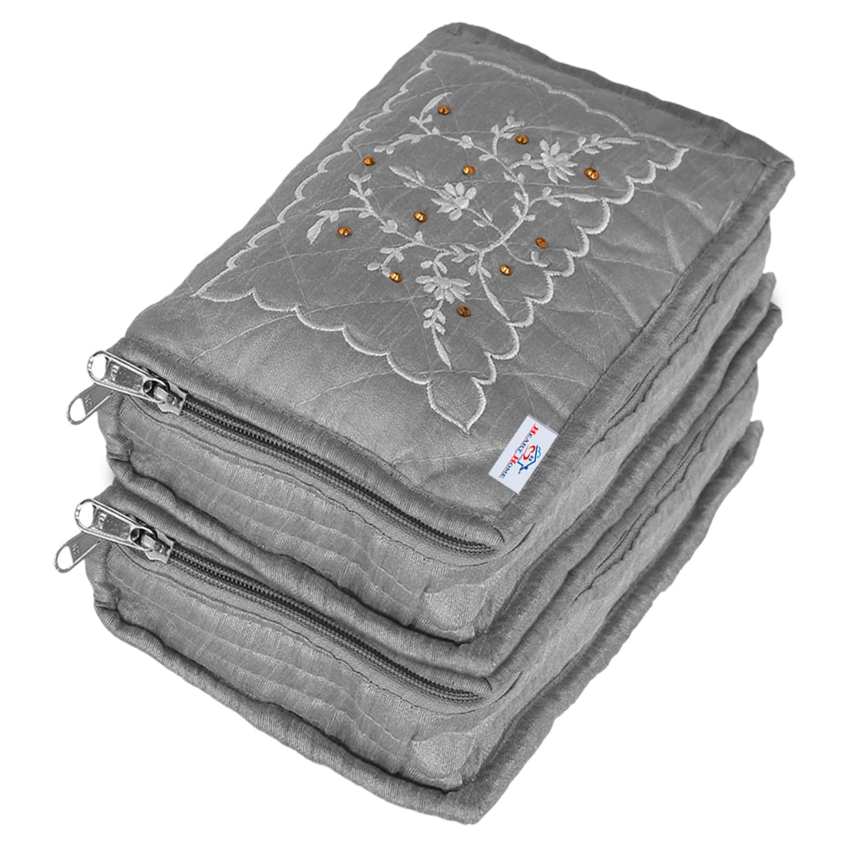Heart Home Embroidery Design Satin Jewellery Organizer For Small Jewellery With 4 Pouches Pack Of 2 (Grey) 54HH4069.