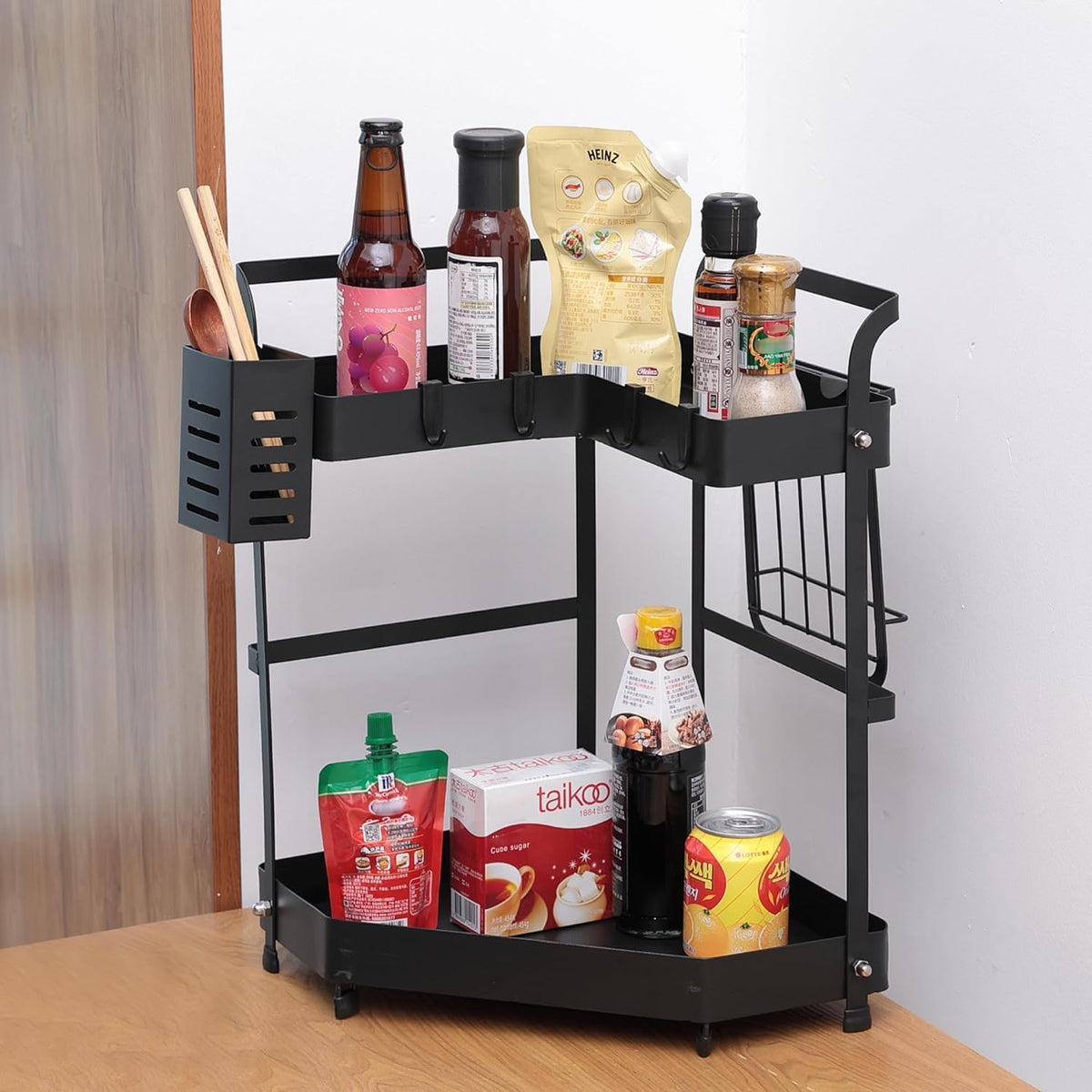 Plantex Corner Kitchen Rack|Spice Rack,Chopsticks Rest, Knife Holder|4 Hooks Kitchen Storage Rack|L Shape Basket (Black)