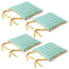 Encasa Homes 4 pcs Chair Cushions 40x40 cm - Mango+Mint with Mango Straps - Dyed Canvas Square Seat Cushions with Micro-Fiber Filling & Ties for Sitting, Pooja, Dining & Office Table