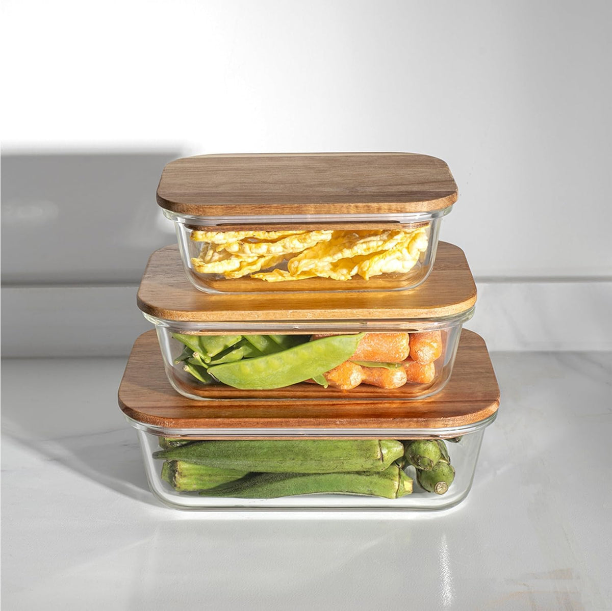 Gleevers Umai Borosilicate Glass Kitchen Containers Set with Wooden Lid | Microwave Safe | Set of 3-370ml, 640ml,1050ml | Airtight Container Set for Kitchen | Kitchen Organizer Items and Storage