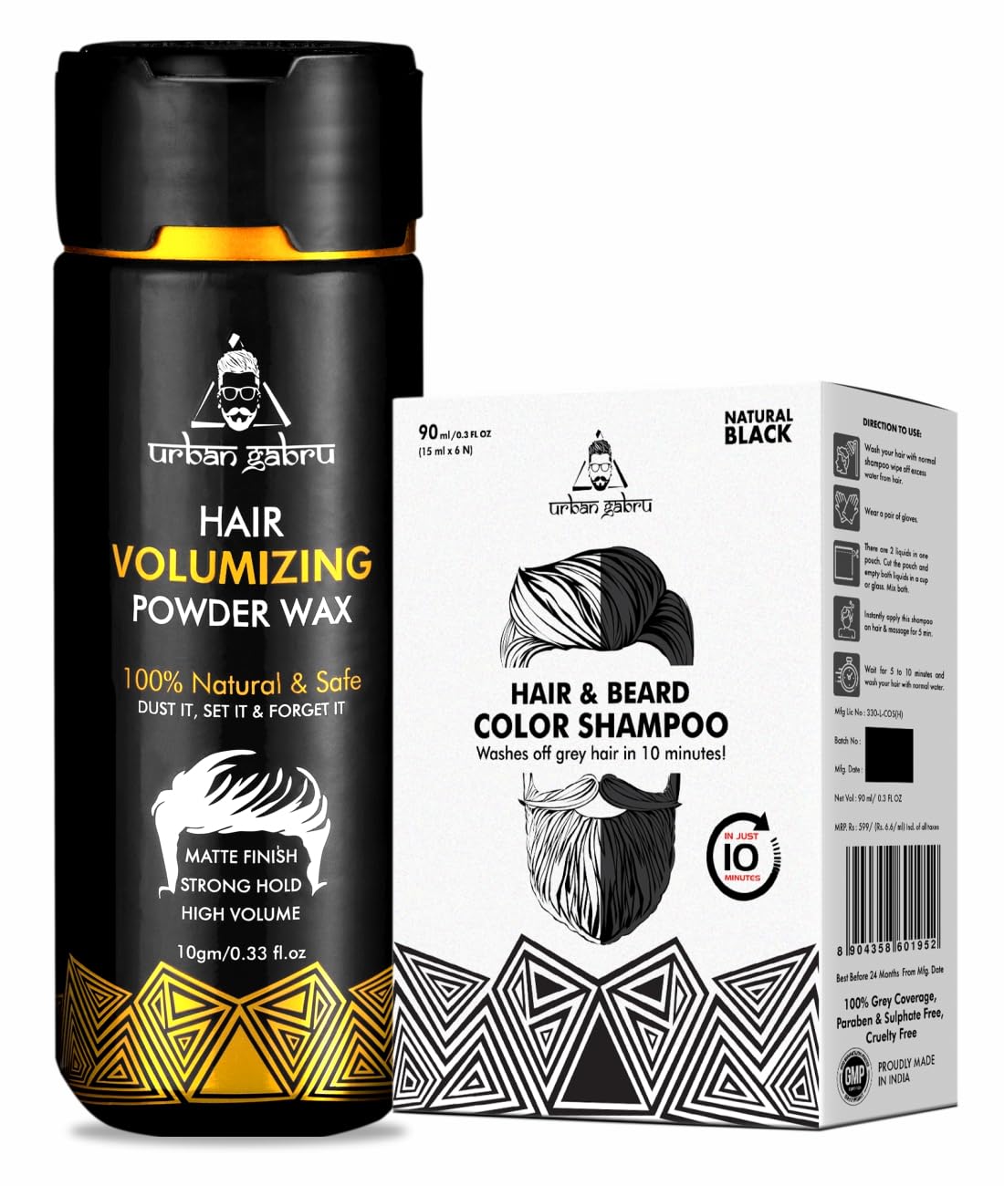 Urbangabru Hair Volumizing Powder 10 GM & Hair and Beard Colour Shampoo 90 ML - Men's Grooming Combo Kit